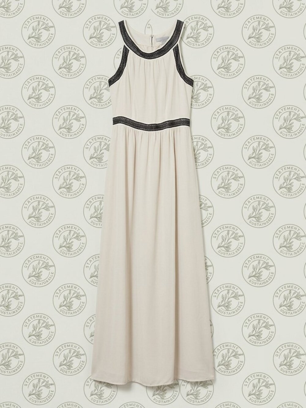 H&M Cream Chiffon Maxi Dress with Black Lace Detail - Size 6 NWT